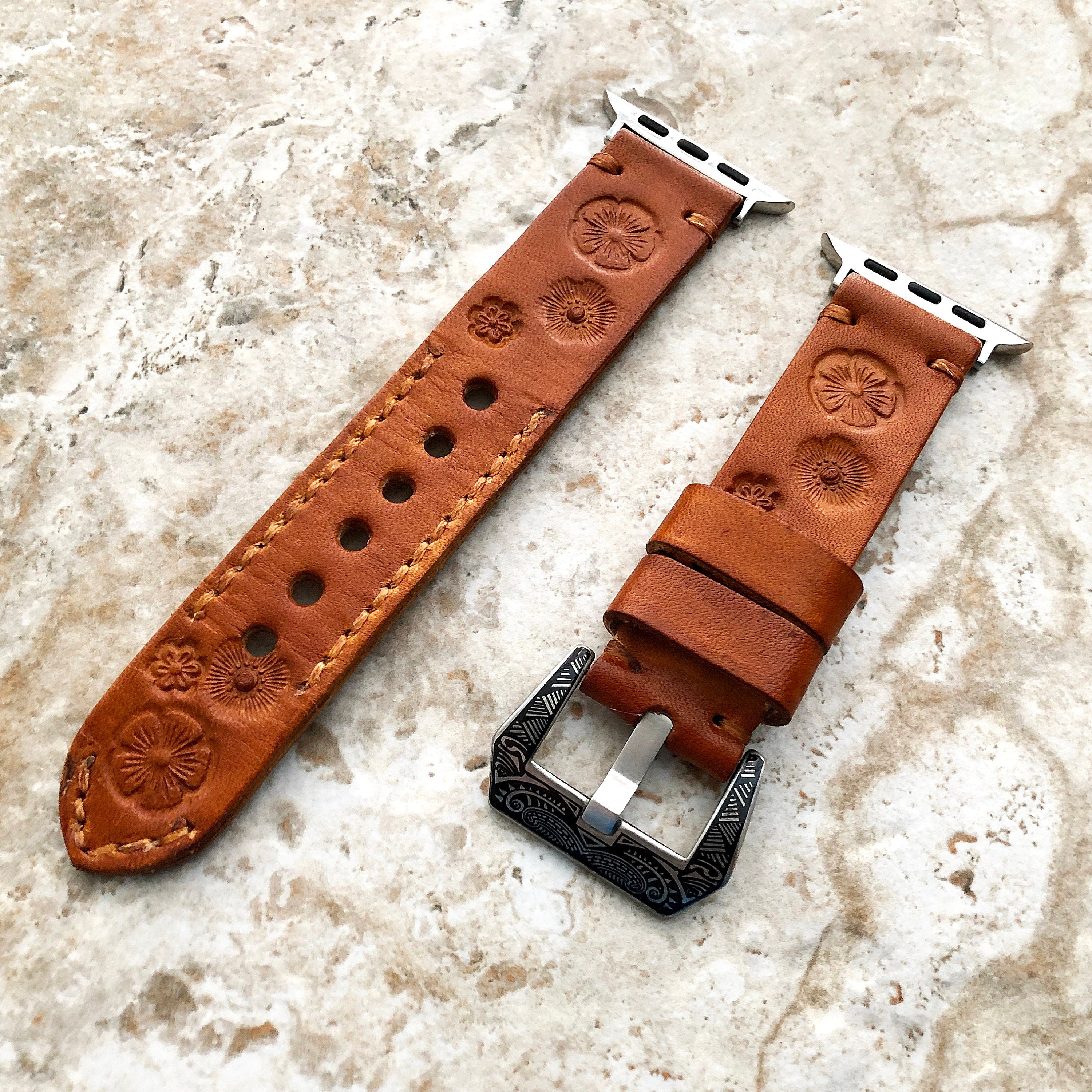 Apple Watch Flowers Leather Band for iWatch All Series 38mm 40mm 41mm 42mm 44mm 45mm 49mm Case Tooled Embossed Handmade Brown Strap Bracelet